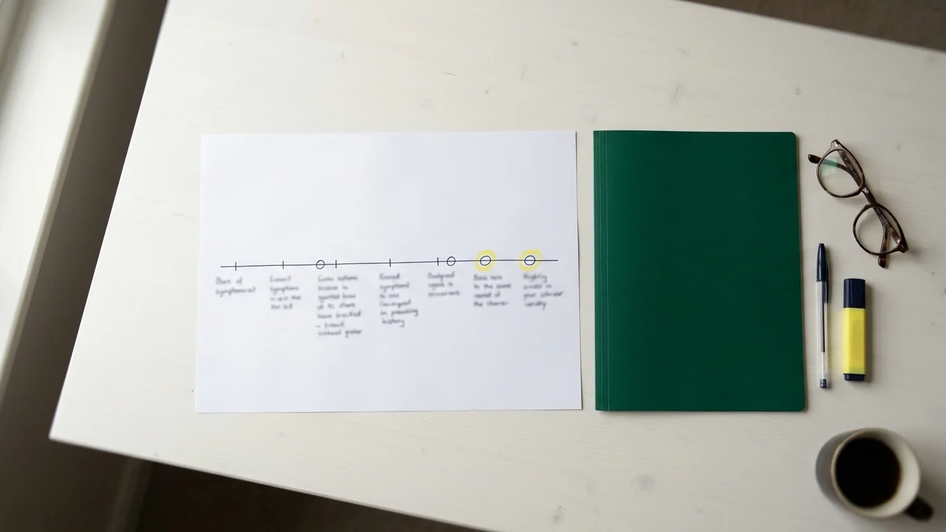 Hand-drawn symptom history timeline on a desk for a bipolar vs ADHD evaluation