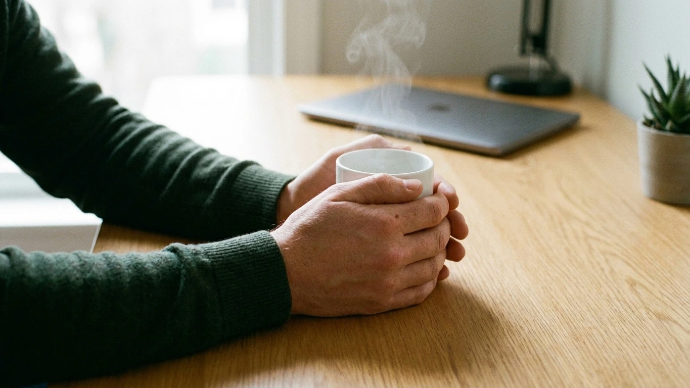 Forearms resting on a desk with both hands holding a mug, a simple way to calm anxiety shakes in public