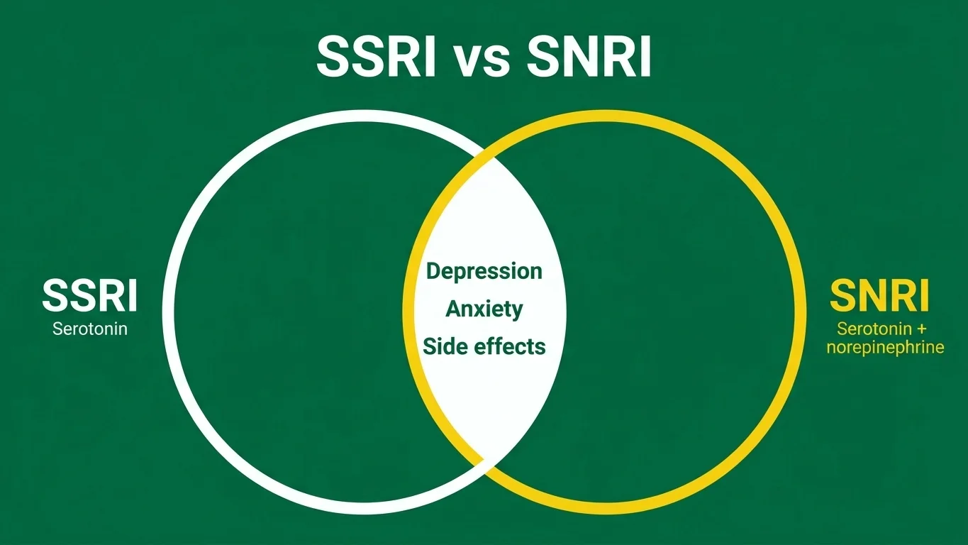 Venn diagram of the difference between SSRI and SNRI with shared uses for depression and anxiety