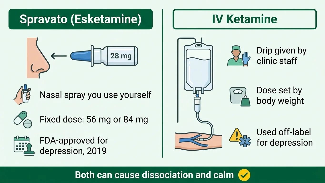 Comparison graphic of Spravato nasal spray and IV ketamine drip showing dose and delivery