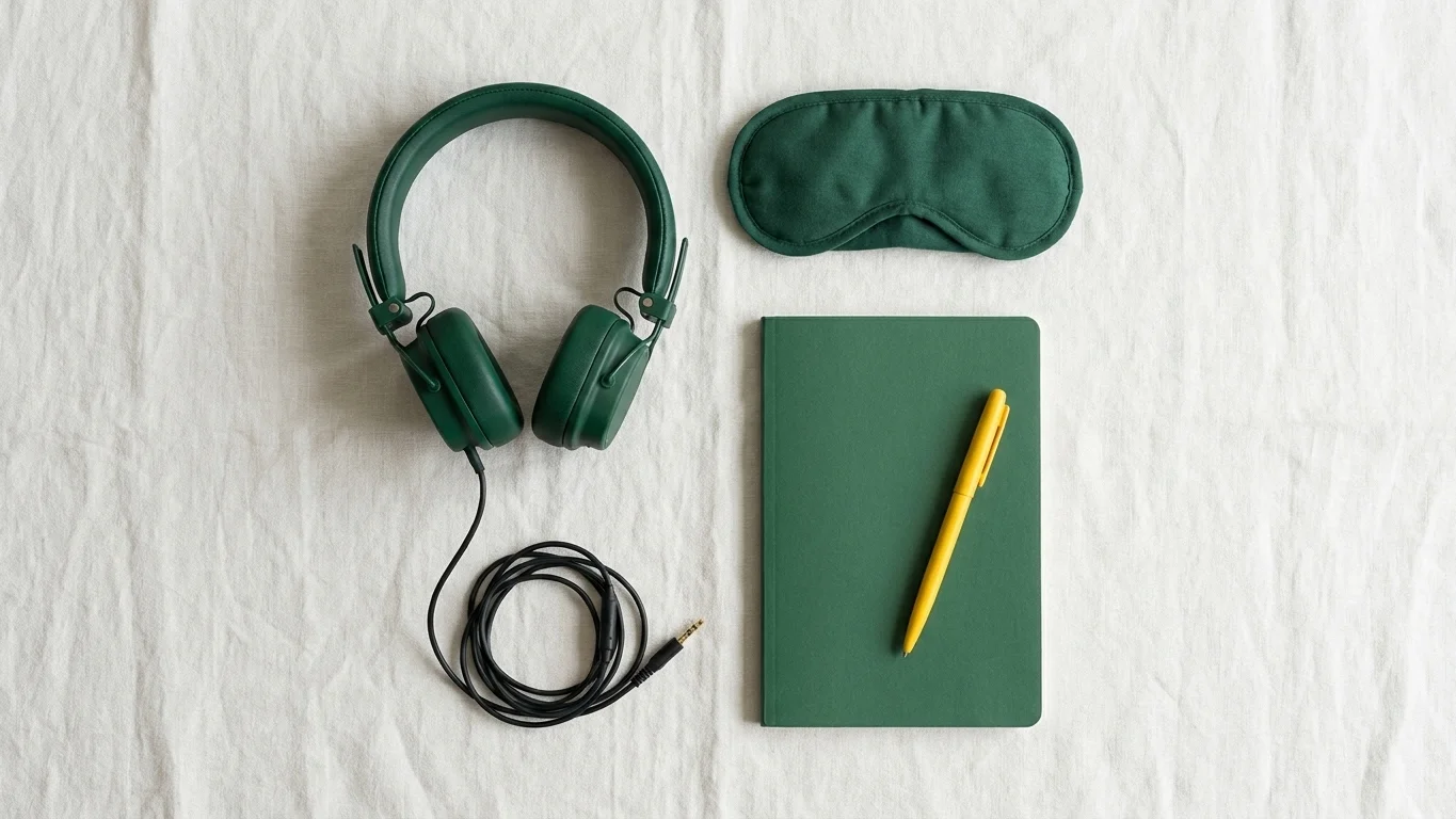Flat lay of headphones, eye mask, and journal to bring to a Spravato ketamine session