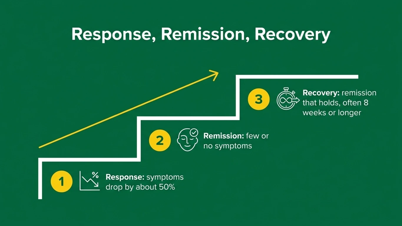 Three-step diagram of depression recovery stages: response, remission, and recovery, with what each means