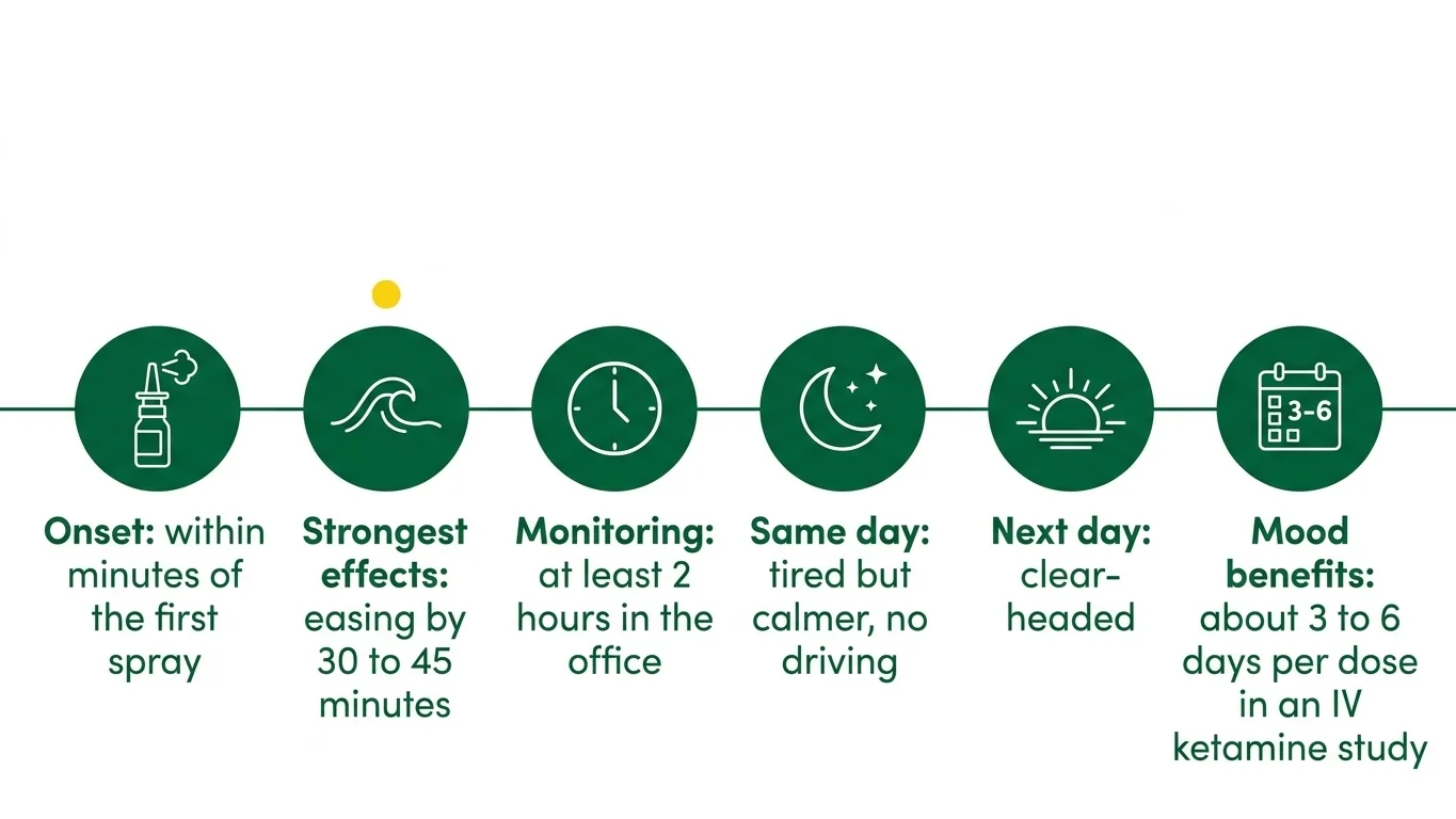 Timeline infographic showing how long the ketamine experience lasts from onset to next day