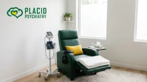 Calm Spravato treatment room with recliner, eye mask, and headphones for a ketamine session