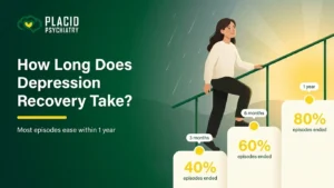 Woman climbing timeline steps: how long does it take to recover from depression, 3 months to 1 yea